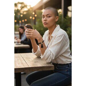 Black Beaded Stretch Bracelet – Gold Floral Charm & Tassel, Boutique Style, Unis
